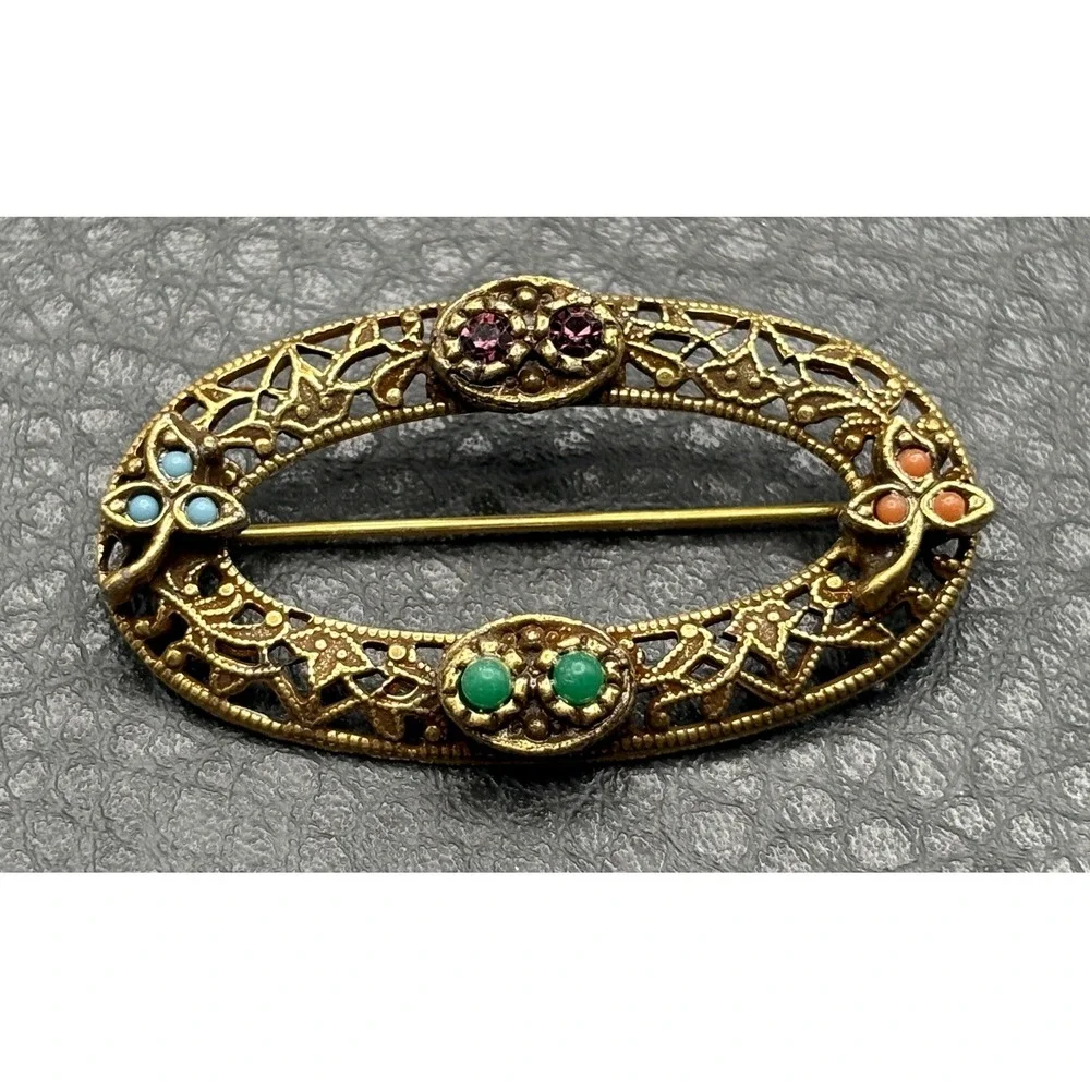 Vintage 1928 Brand Gold Tone Filigree Oval Brooch Etruscan - Victorian Style